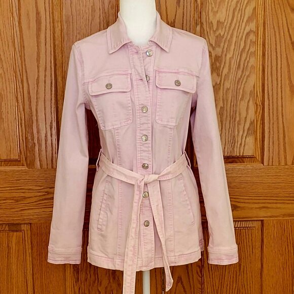 Maurices Pink Denim Belted Trench Cotton Blend Jean Jacket with Pockets NEW - Picture 3 of 14